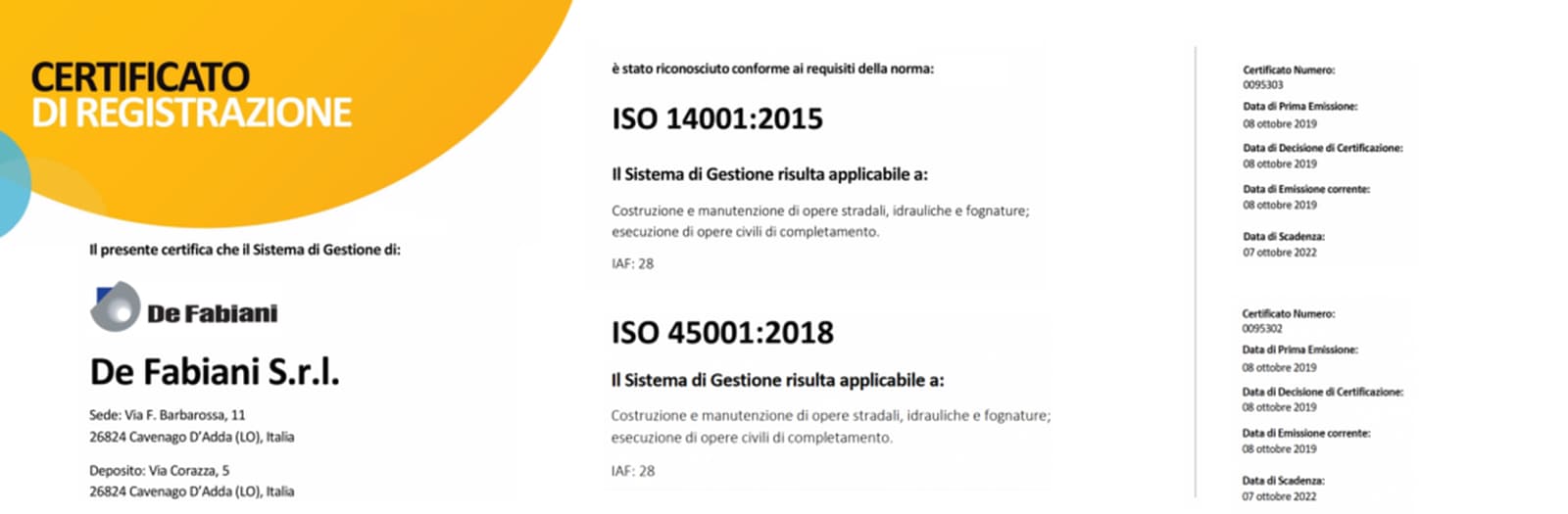 CERTIFICAZIONE SISTEMA INTEGRATO – ISO 45001 E ISO 14001 – DE FABIANI