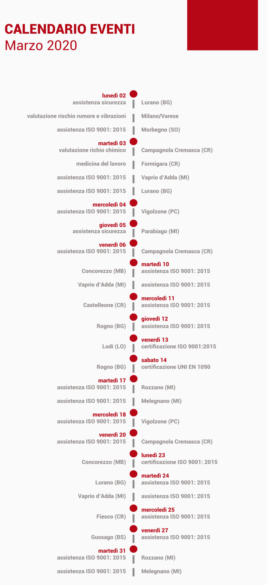 calendario eventi marzo 2020